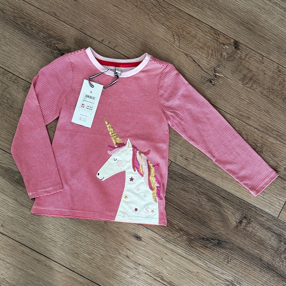 Joules Pink & Red Striped Sparkle Unicorn Shirt - size 5